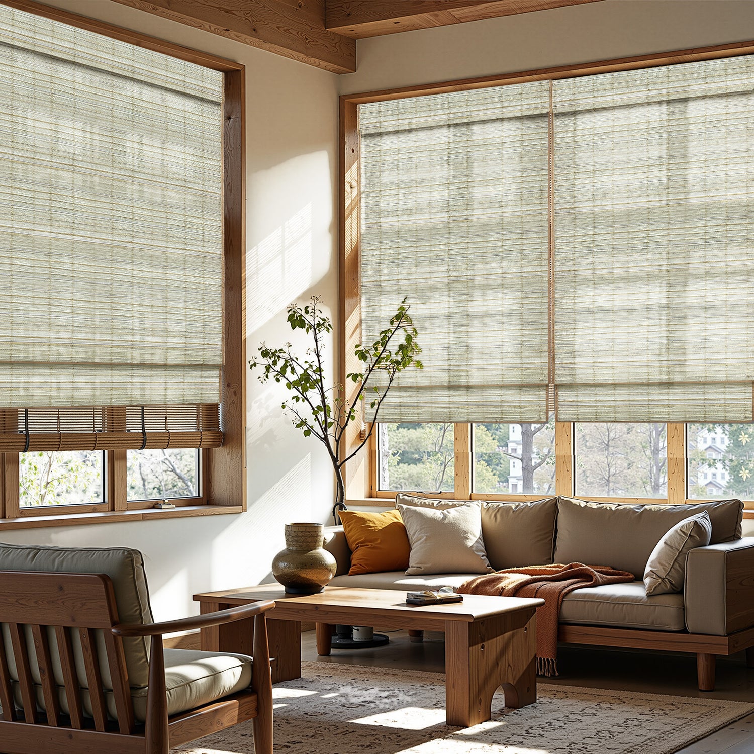 AOSKY Woven Wood Shades - Mixed Texture Window Blinds | Multi-Pattern Natural Bamboo Roman Shades