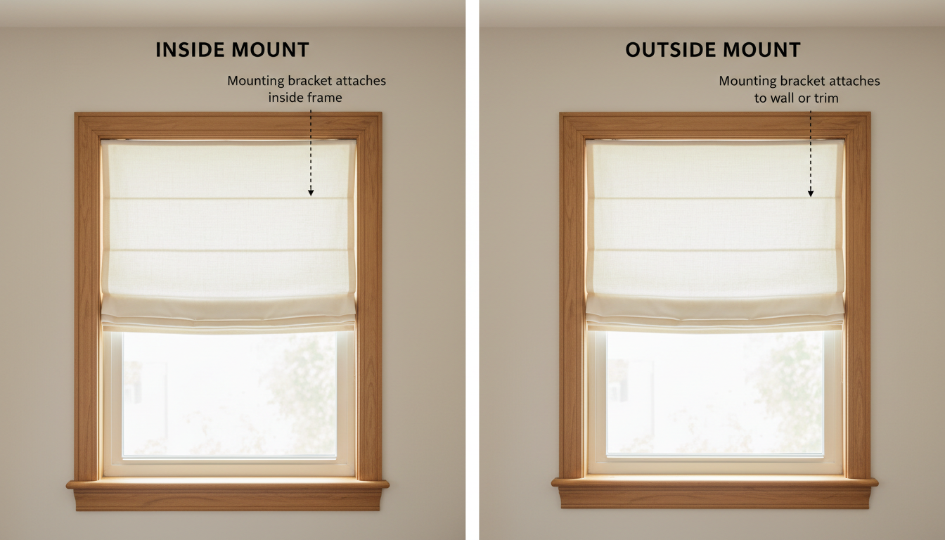 Split view diagram illustrating inside mount and outside mount roman shade installation positions on residential window frames