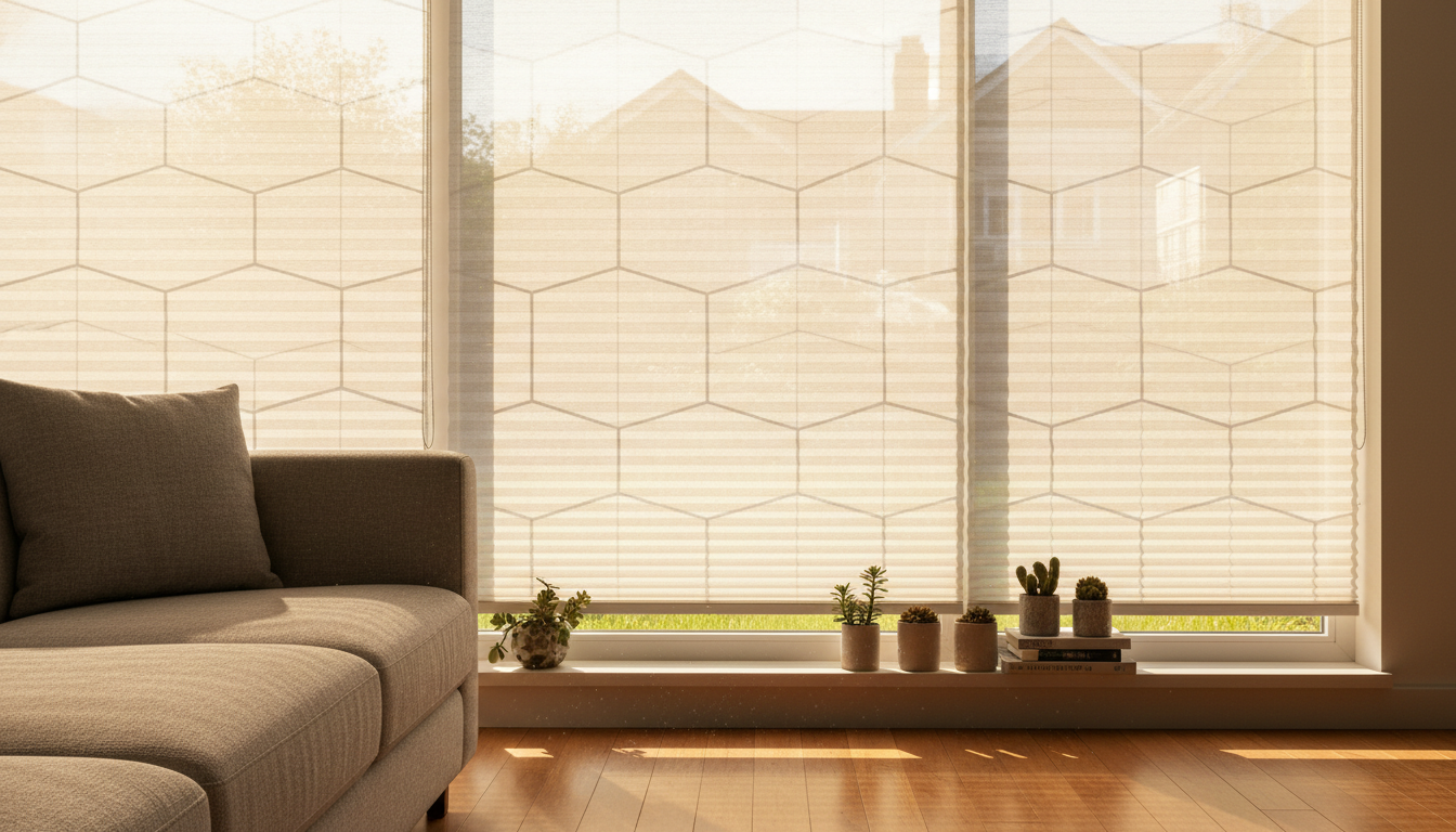 Light filtering cellular shades on modern living room window with soft sunlight filtering through honeycomb fabric creating warm ambient glow