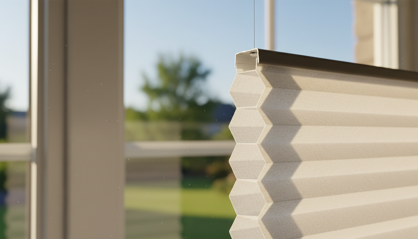 Cross-section view of honeycomb cellular window shades revealing the characteristic hexagonal air pocket design on modern home windows