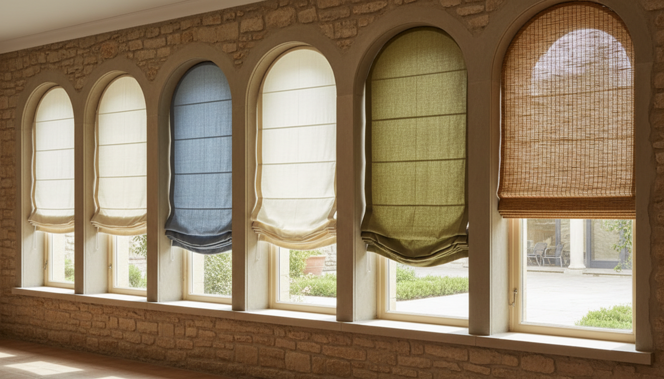 Collection of five different roman shade styles displayed on arched windows showing flat, plain fold, soft fold, relaxed, and natural woven designs