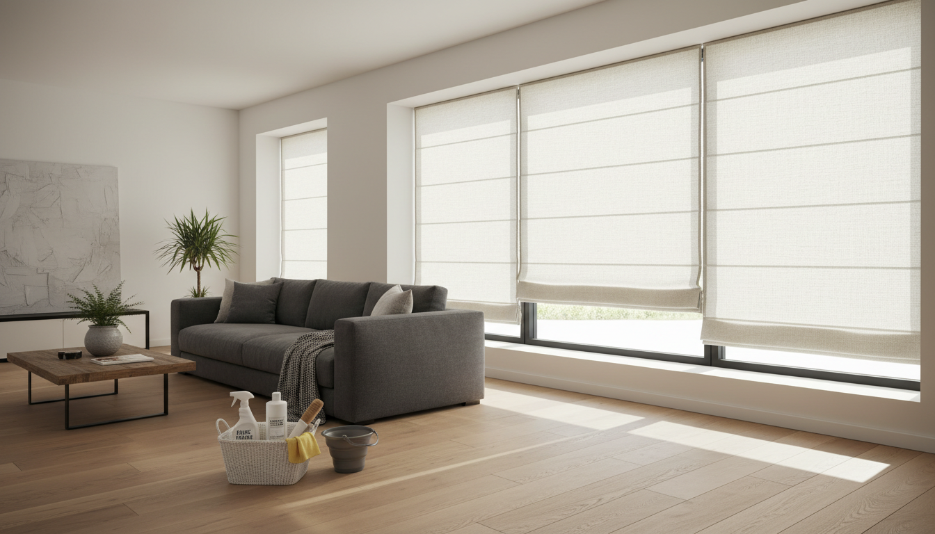 Elegant washable roman shades hanging in modern living room window with cleaning supplies nearby