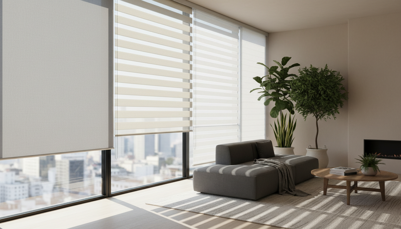 Modern living room with various window shade styles including roller, zebra, and cellular shades in neutral tones, showcasing contemporary home design with natural light