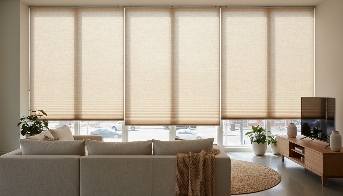 Modern home interior with beige cellular honeycomb shades installed on large windows reducing street noise in living room