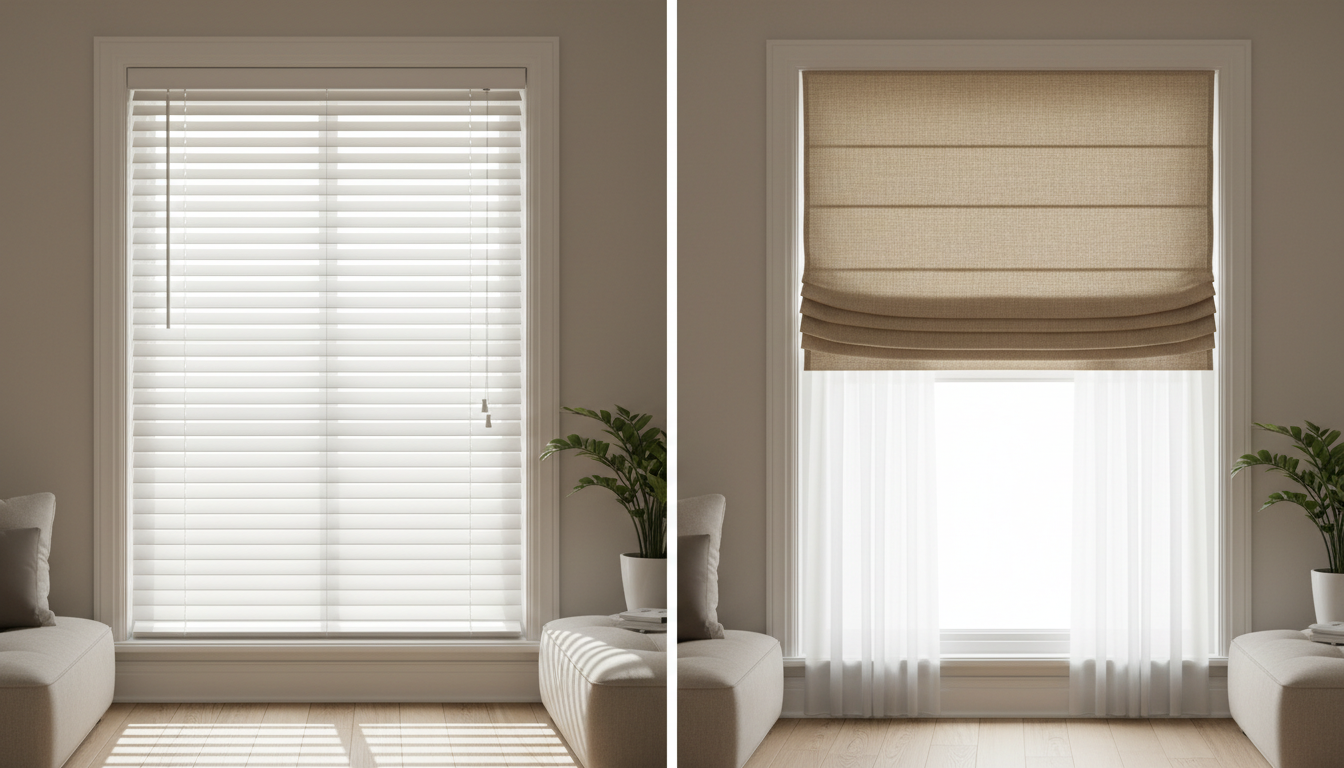 Side-by-side comparison of window with inside-mounted blinds and outside-mounted roman shades showing proper layering technique