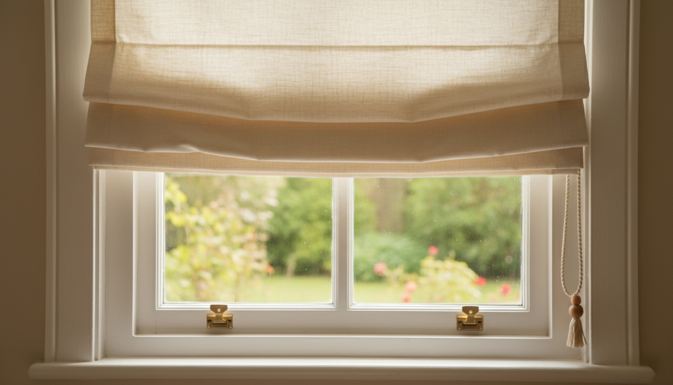 Finished cream-colored roman shade hanging inside white window frame with visible accordion folds and pull cord
