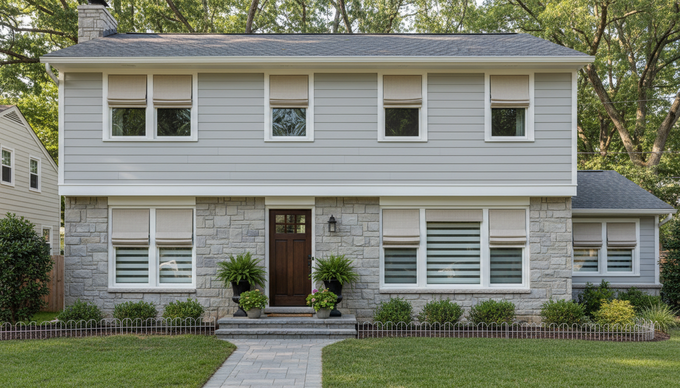 Suburban house front view with coordinated roman shades across multiple windows in cohesive neutral tones demonstrating clean curb appeal and polished exterior window treatment appearance