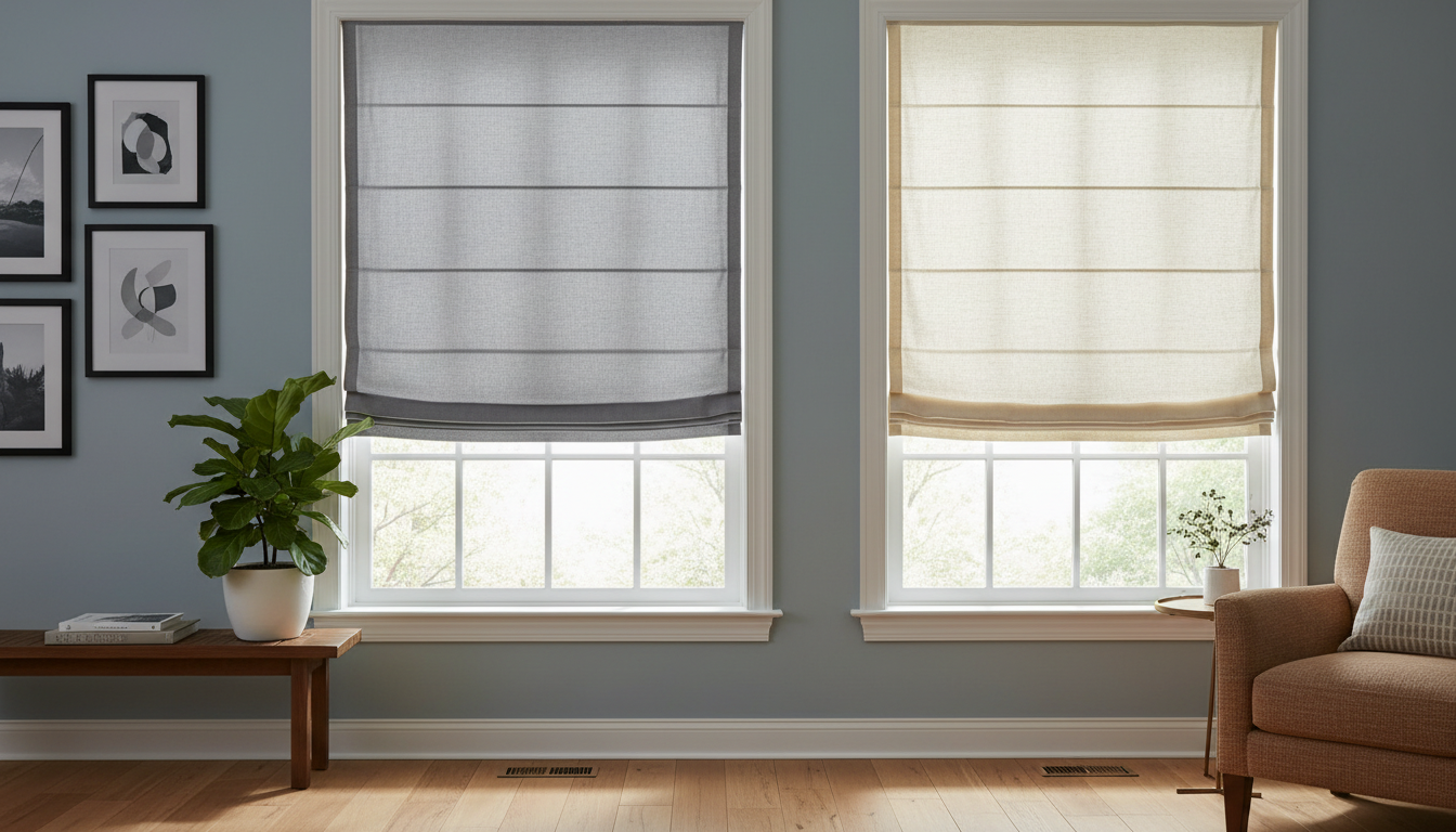 Two windows side by side, one with sleek flat roman shade and one with textured hobbled roman shade, showcasing different fold styles in home interior