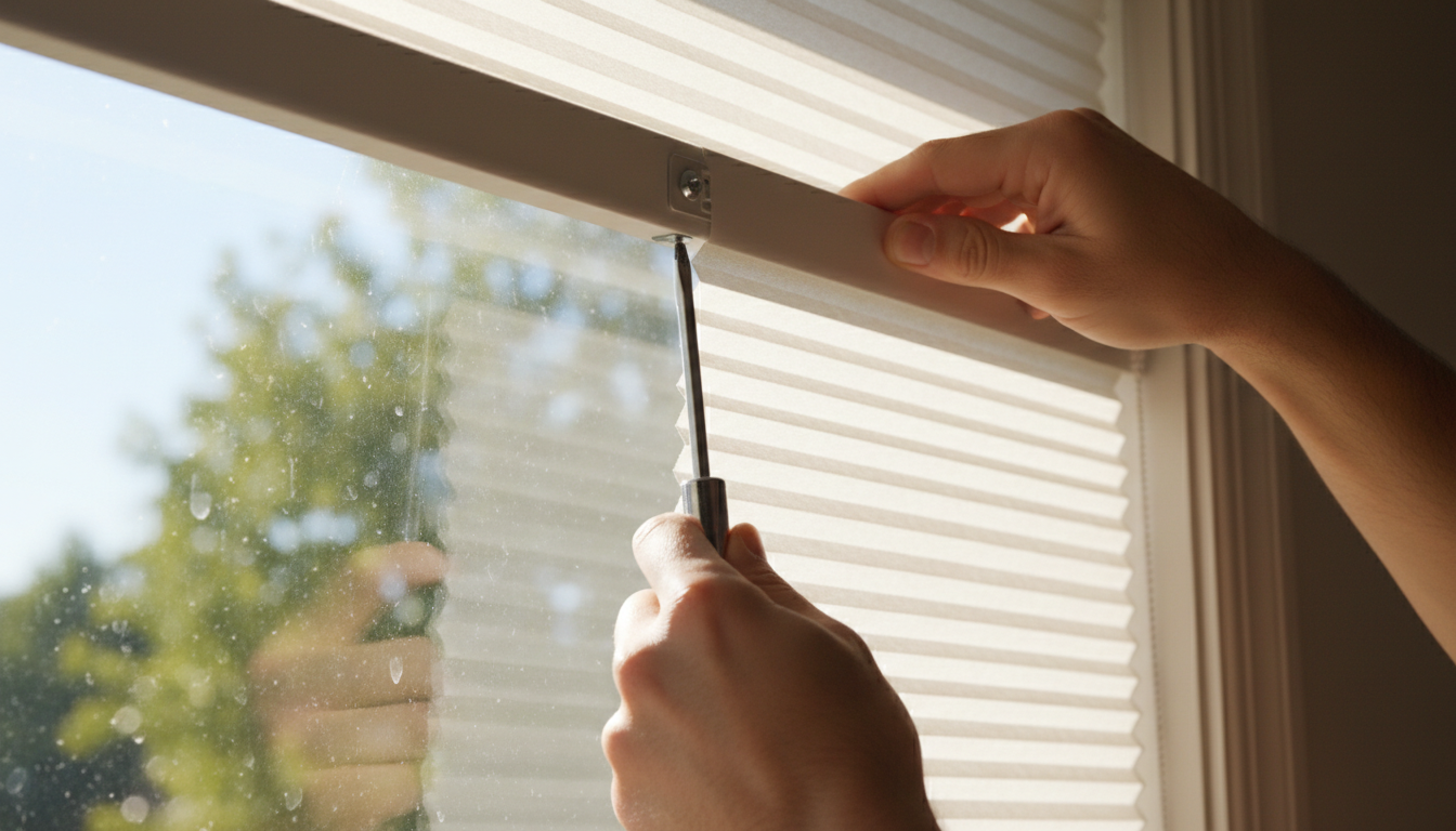 Hands removing honeycomb cellular shade from window bracket using screwdriver with bright natural light in background