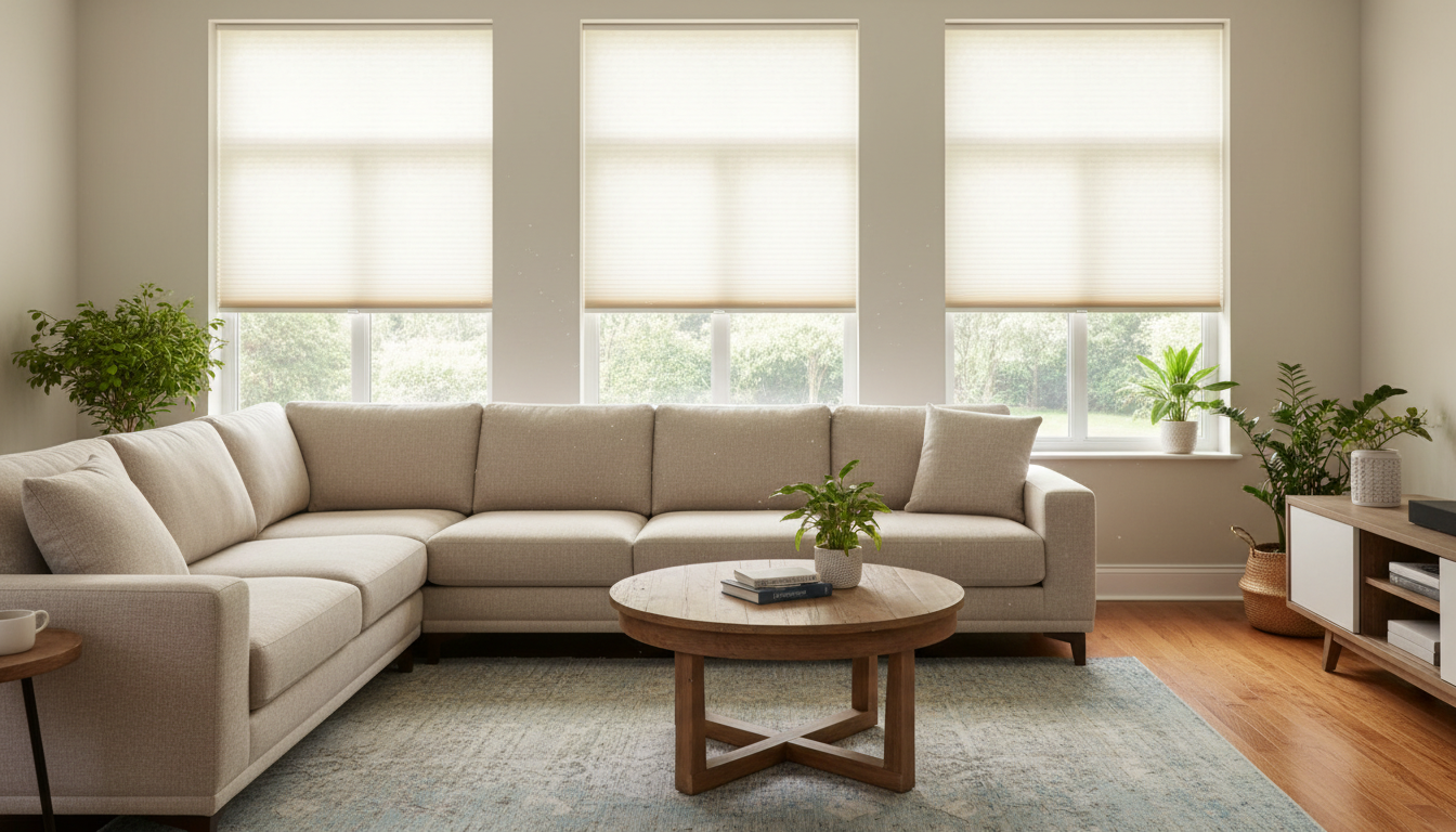 Living room with multiple windows featuring light filtering cellular shades in neutral tones with cordless lift system