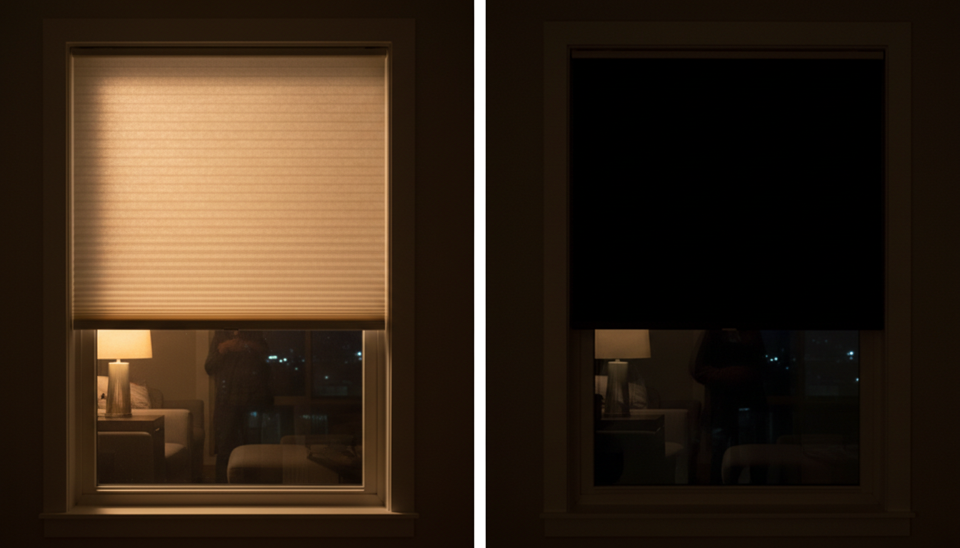Side-by-side comparison of light filtering and blackout cellular shades on windows at night showing different privacy levels