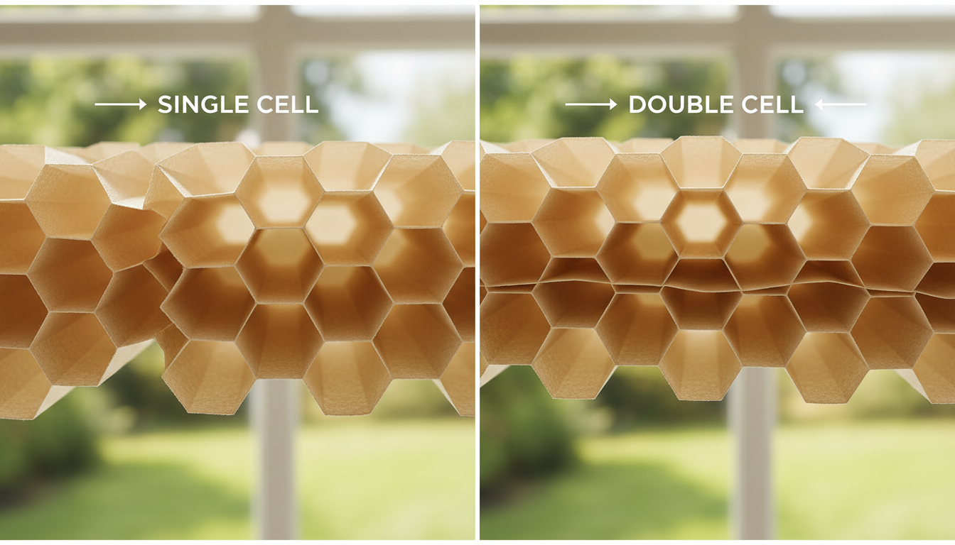 Side-by-side comparison of single cell and double cell honeycomb shades showing structural difference between one layer and two layer designs
