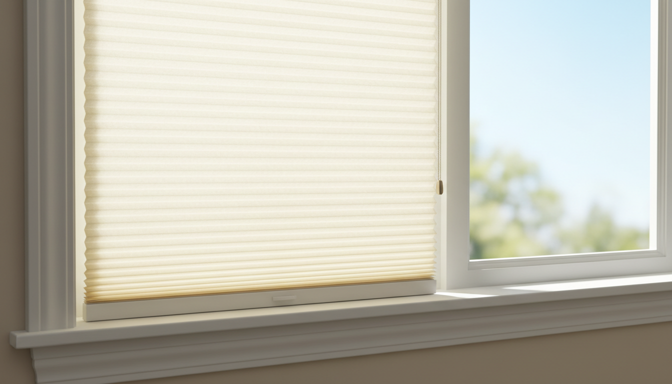 Cellular shade installed on bright window with bottom rail resting on white windowsill showing proper length and light-blocking coverage