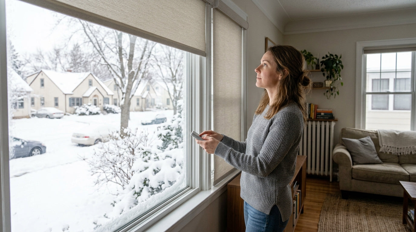 Homeowner using a remote beside motorized roller shades on a snowy Minneapolis day