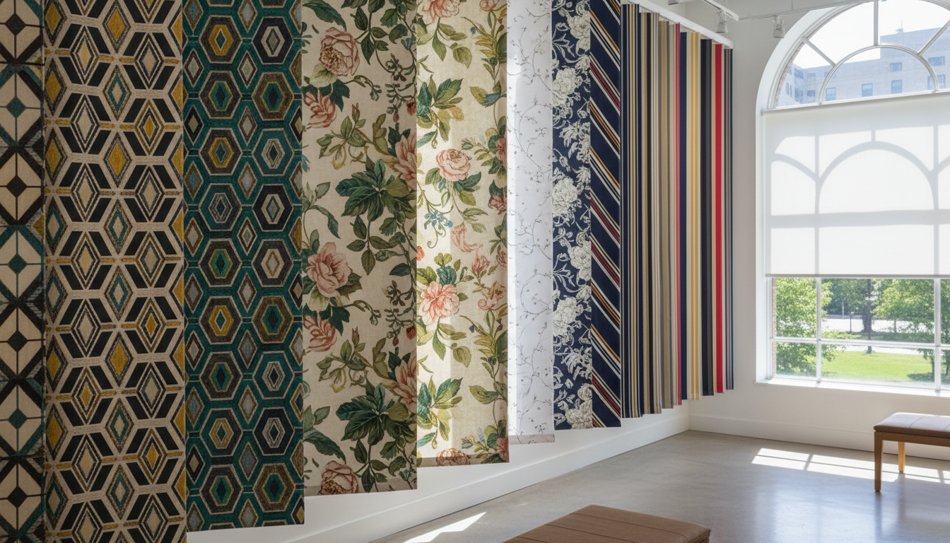 Collection of roman shade patterns including geometric prints, floral designs, and striped fabrics hanging in a bright showroom