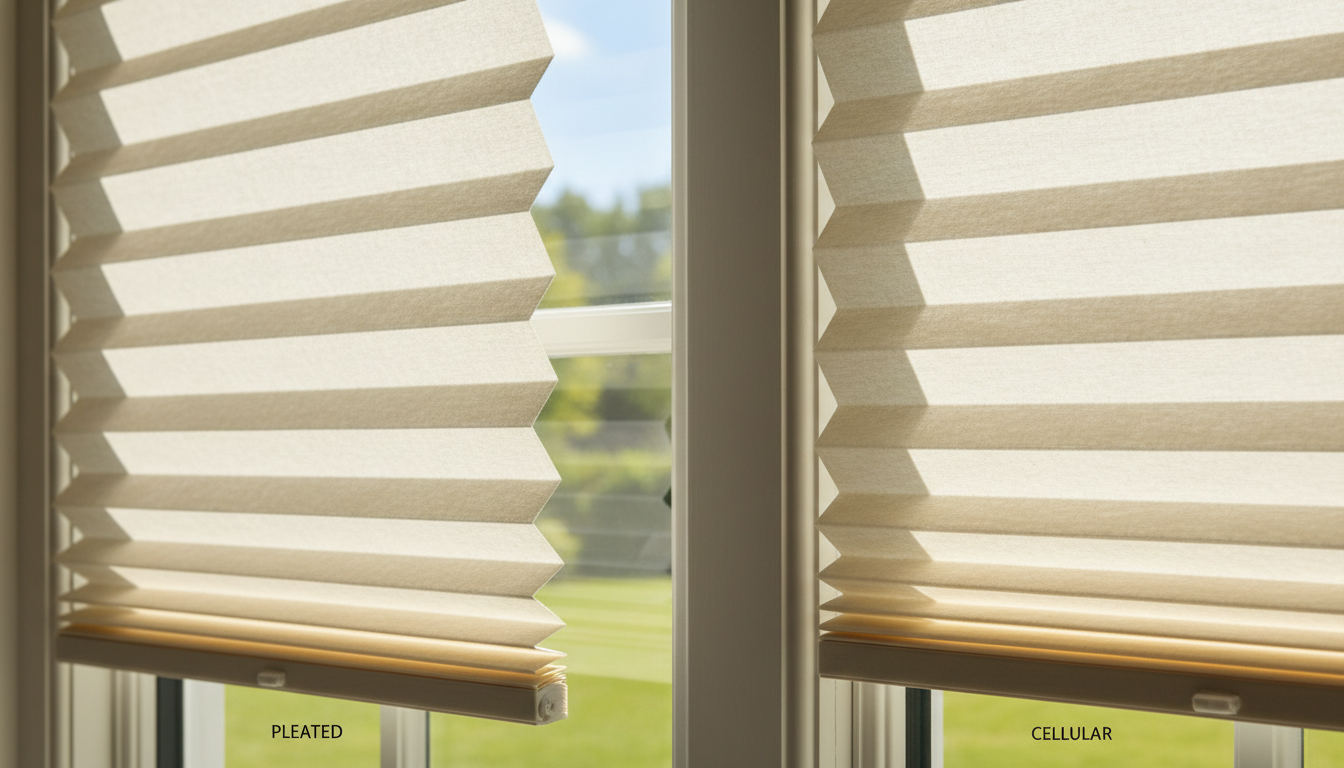 Side view comparison of pleated and cellular window shades showing construction differences between single-layer fabric and honeycomb air pockets