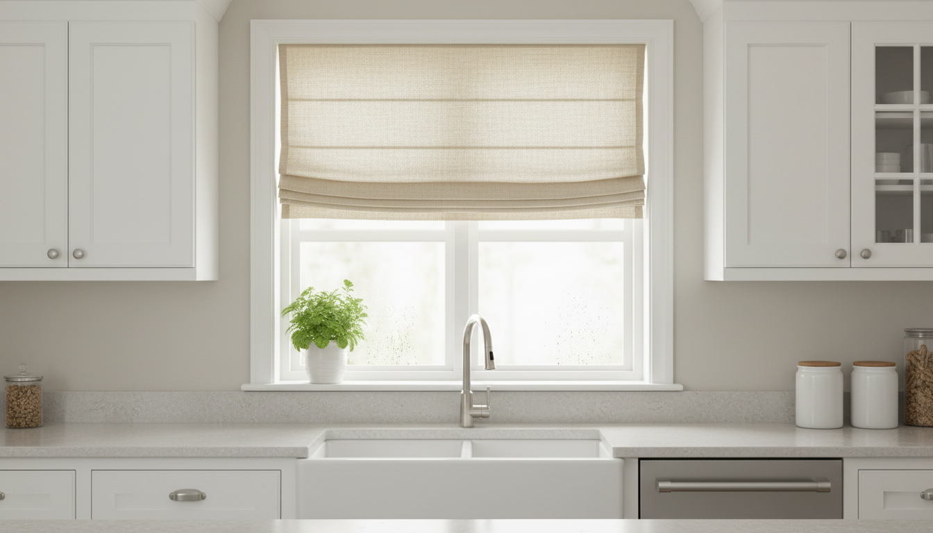Stylish roman shade installed above kitchen sink window between white cabinets with natural light filtering through moisture-resistant fabric