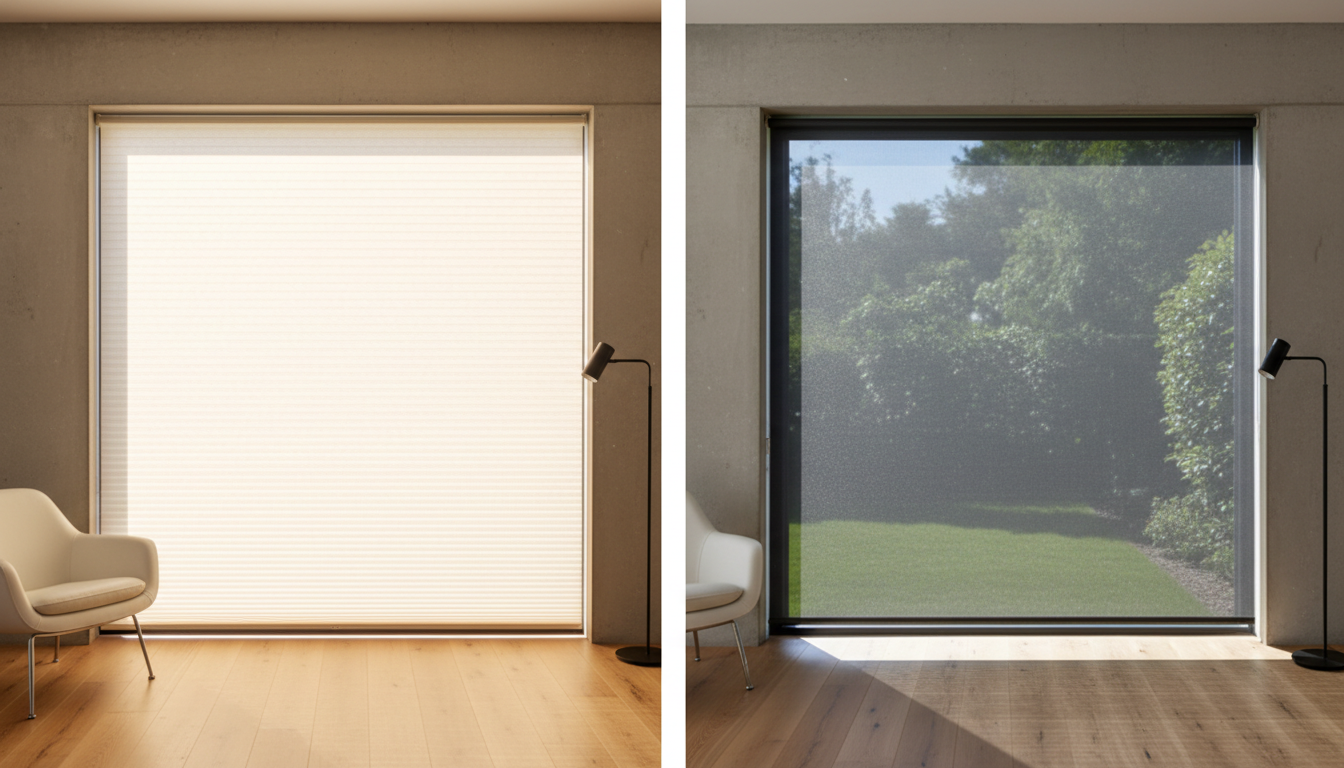 Split image comparing cellular honeycomb shades and solar shades installed on similar windows in a bright contemporary home