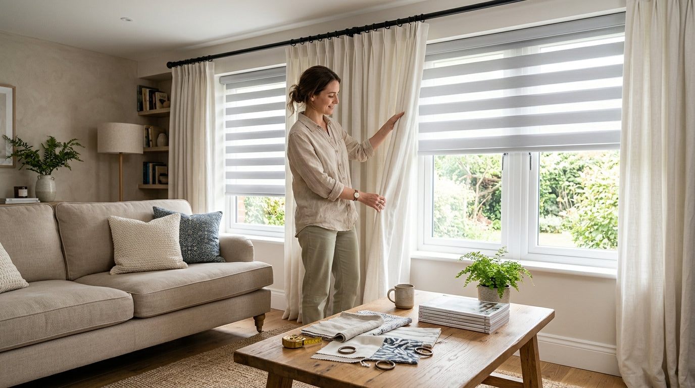 how to style zebra shades — How to Style Zebra Shades With Curtains Layering Guide