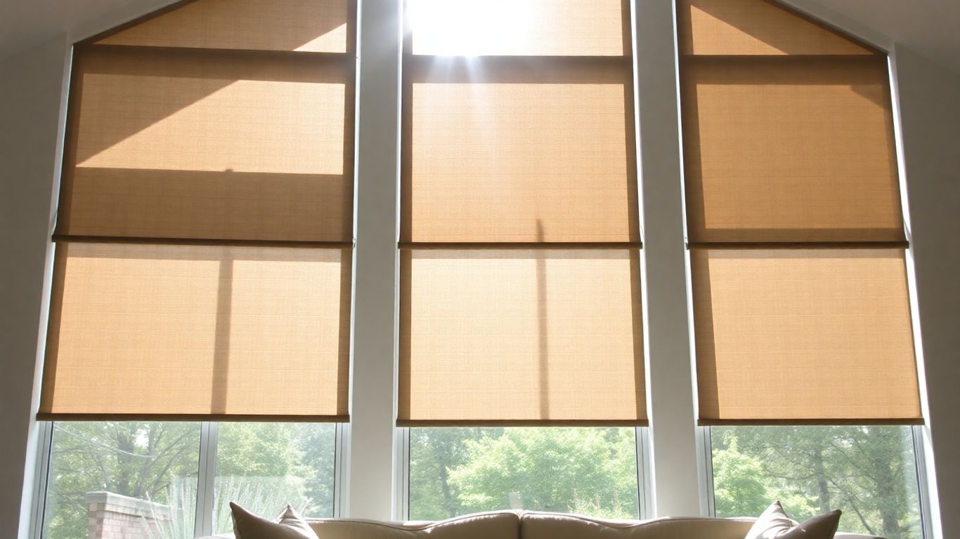 Roller shades on a sunlit living room window.