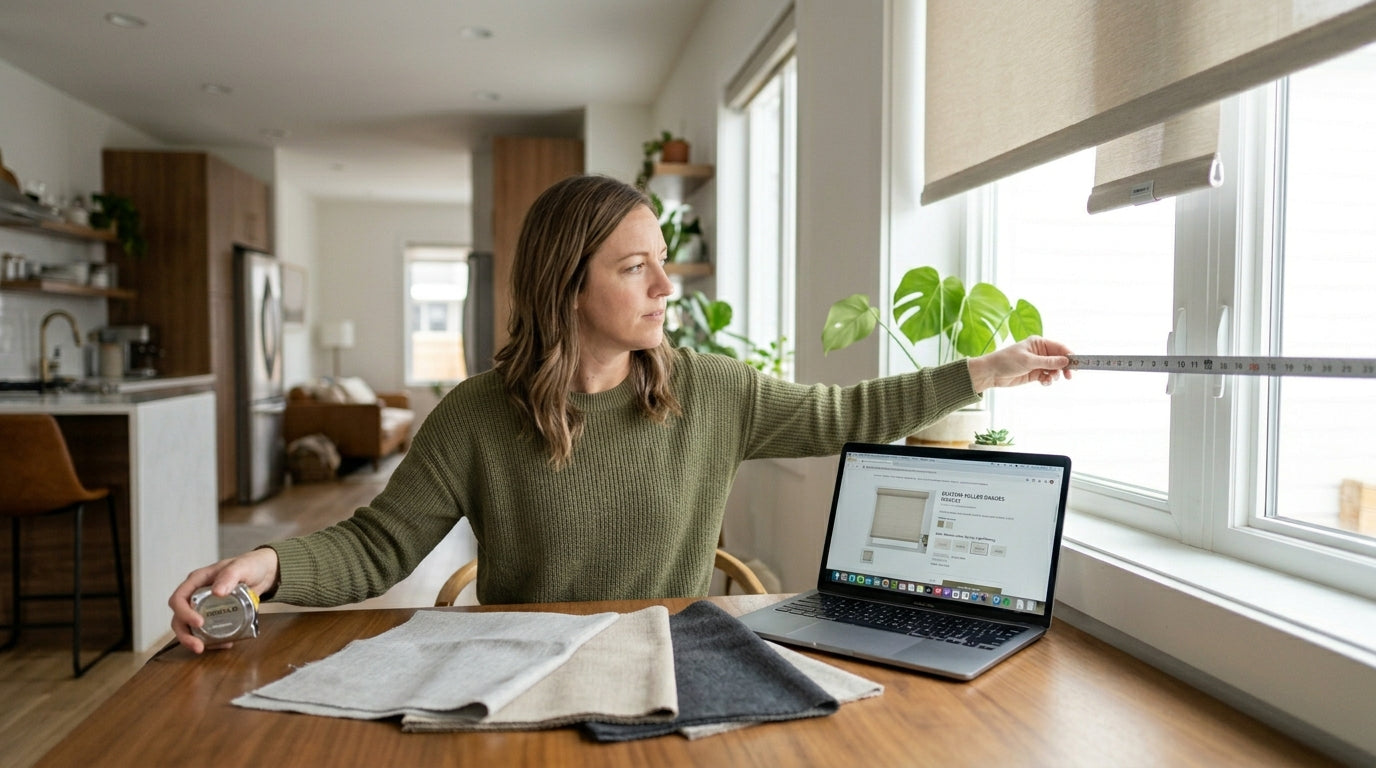 Homeowner measuring a dining room window before ordering shades online