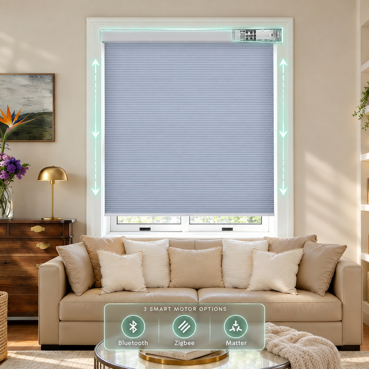 Motorized Blue Tones Light Filtering Cellular Shades