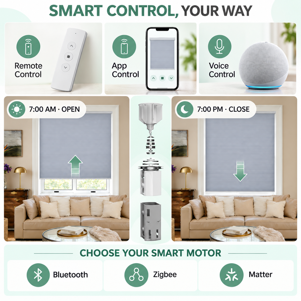 Motorized Blue Tones Light Filtering Cellular Shades