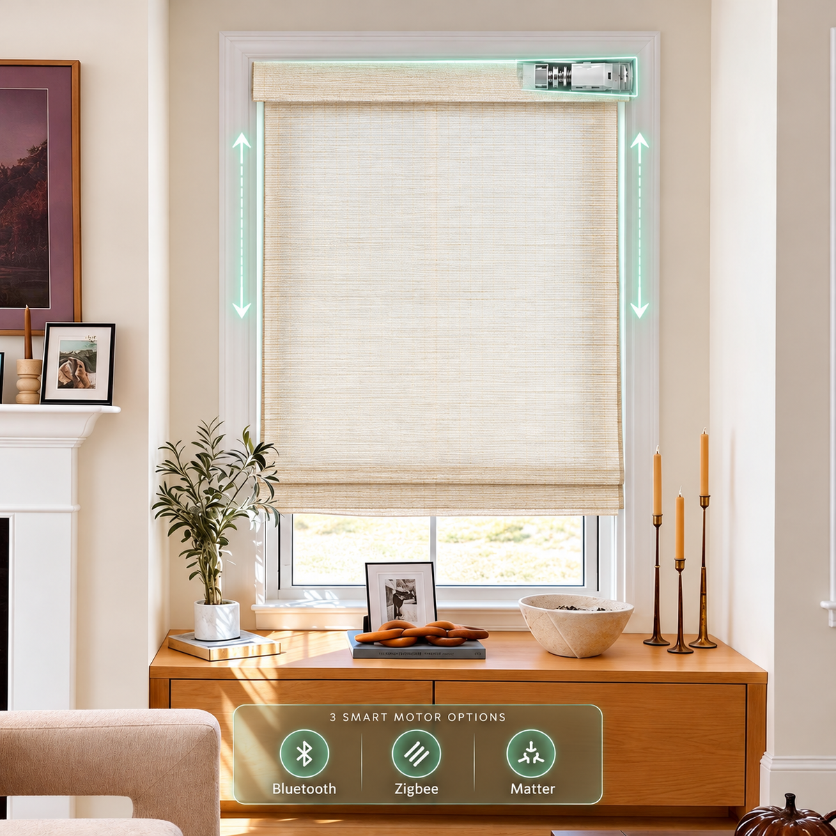 Motorized Raffia Natural Eco-Friendly Woven Wood Shade