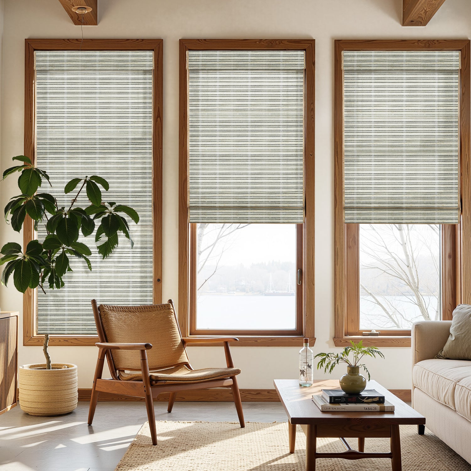 AOSKY Woven Wood Shades - Fine Weave Window Blinds | Premium Natural Bamboo Roman Shades