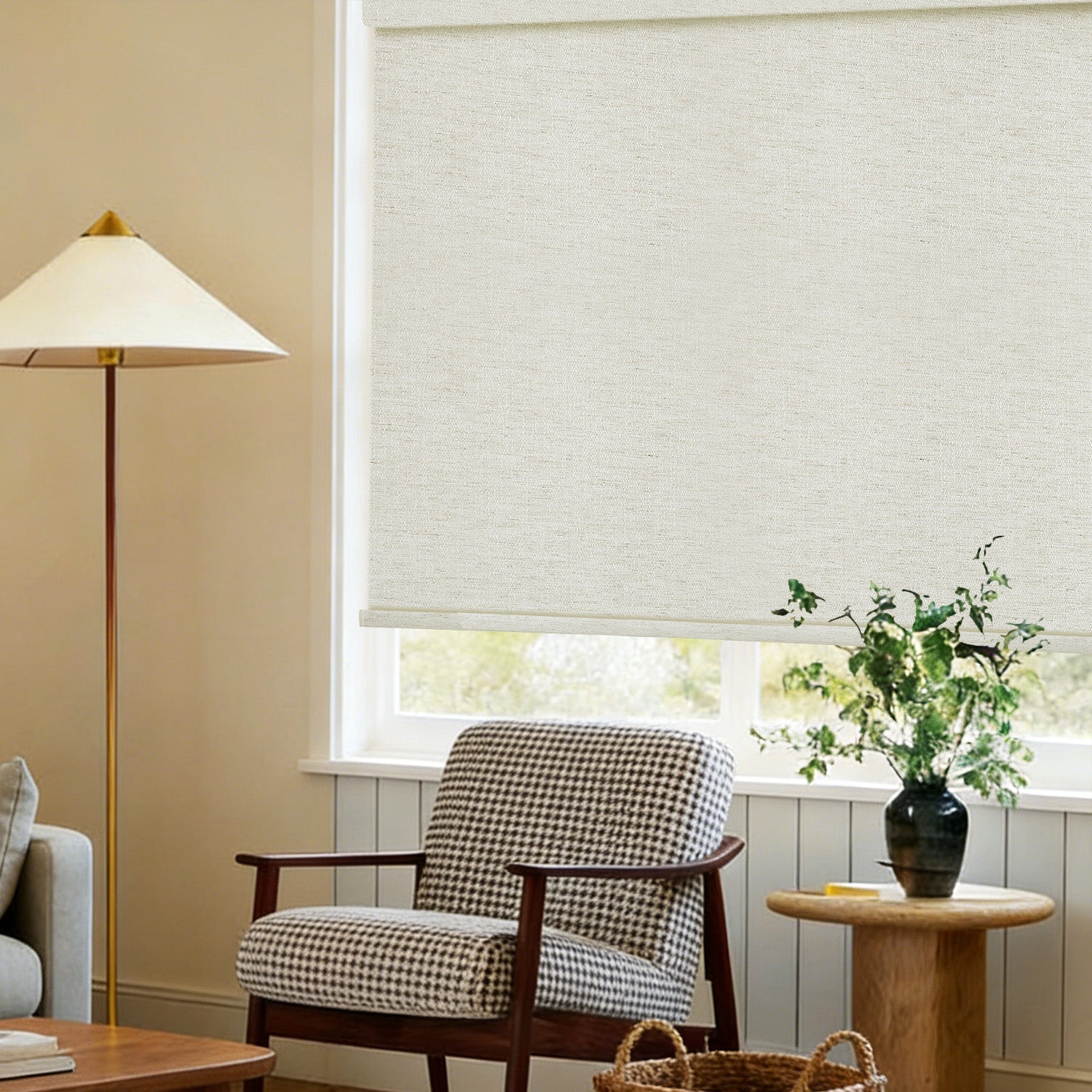 AOSKY Charcoal Blackout Roller Shade Beige side room scene 