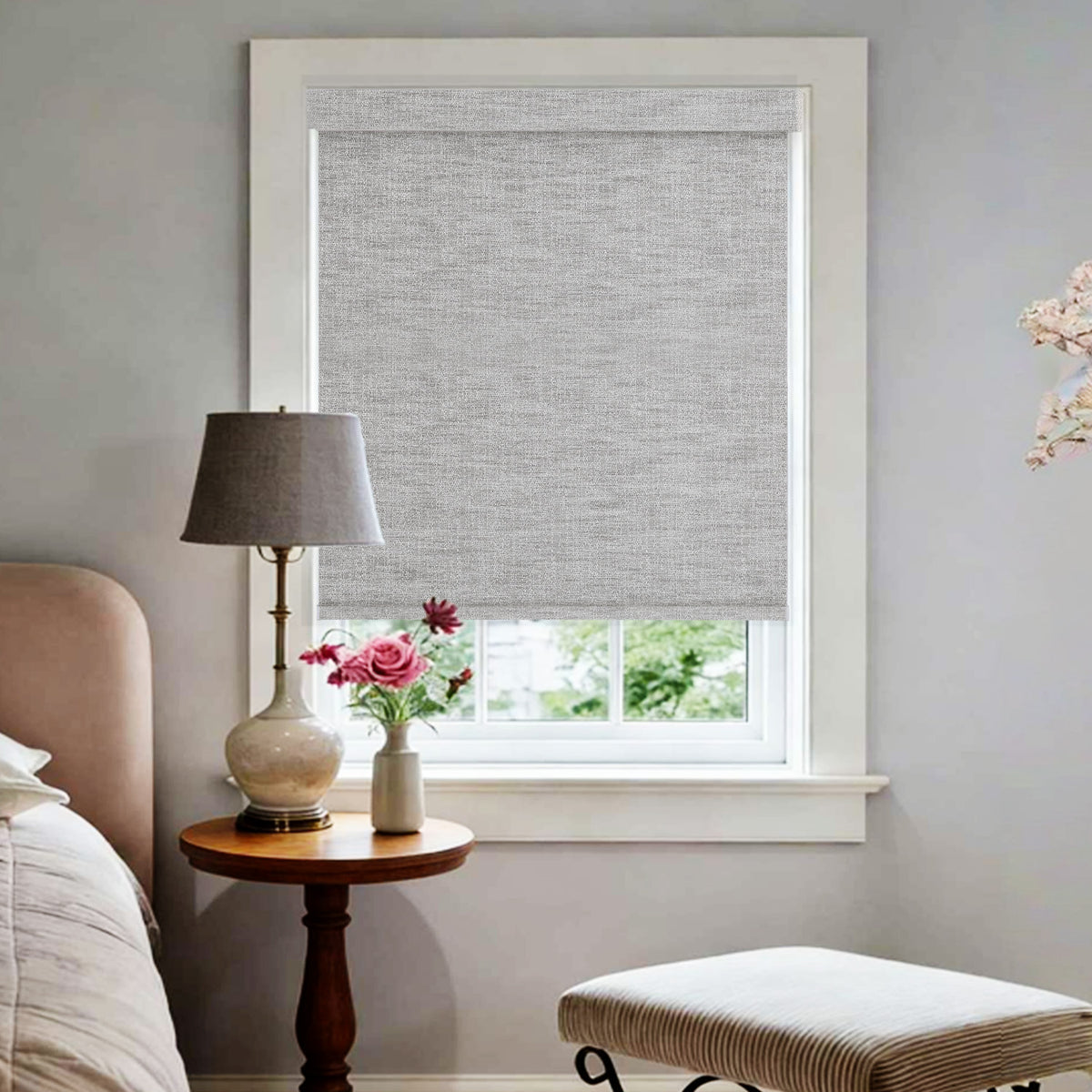 AOSKY Charcoal Blackout Roller Shade Grey front room scene 