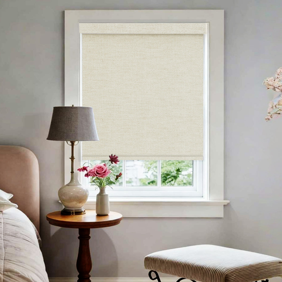 AOSKY Charcoal Blackout Roller Shade Khaki front room scene 