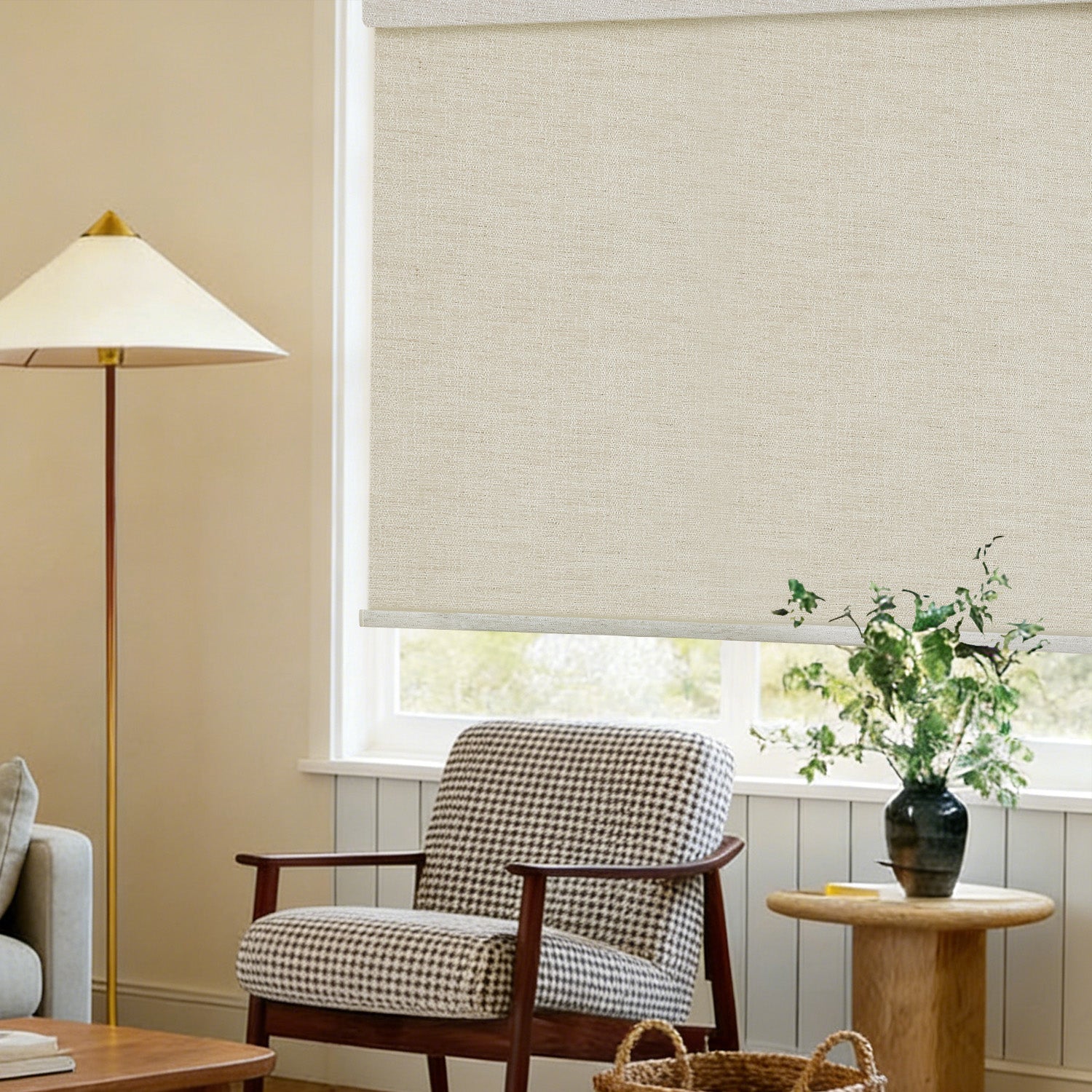 AOSKY Charcoal Blackout Roller Shade Khaki side room scene 
