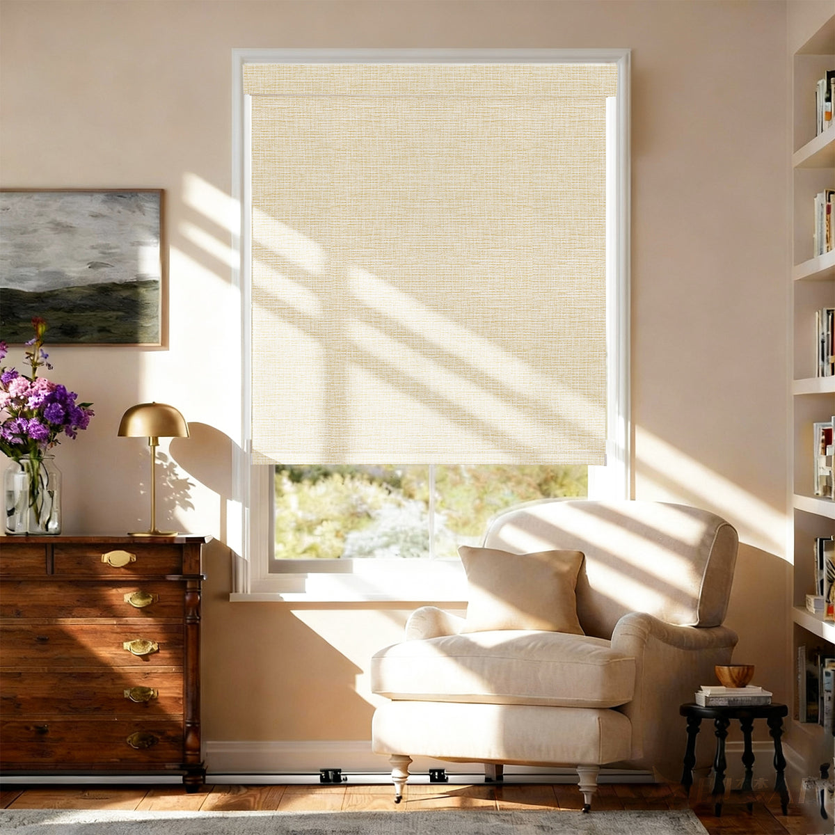 AOSKY No Drill No Tools Roller Shade Beige front room scene 