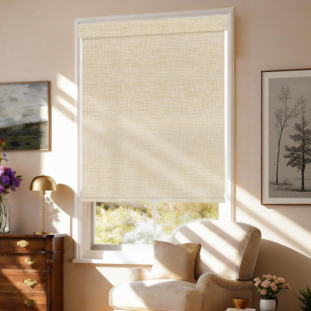 AOSKY No Drill No Tools Roller Shade Beige side room scene 