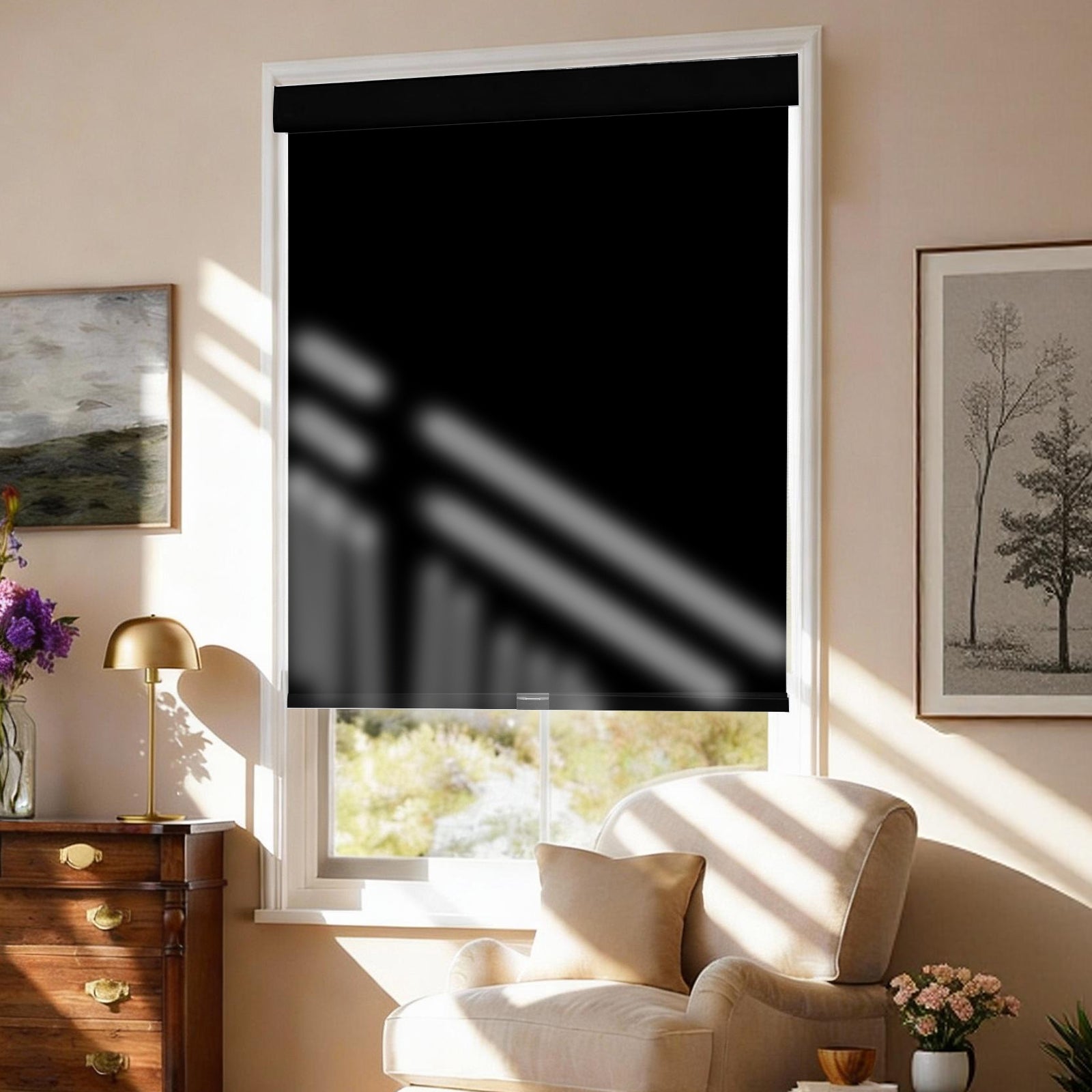 AOSKY No Drill No Tools Roller Shade Black side room scene 