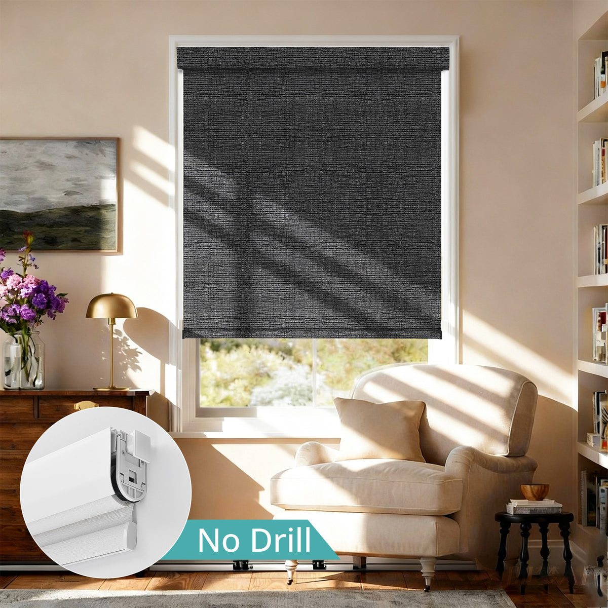 AOSKY No Drill No Tools Roller Shade Chocolate front room scene 