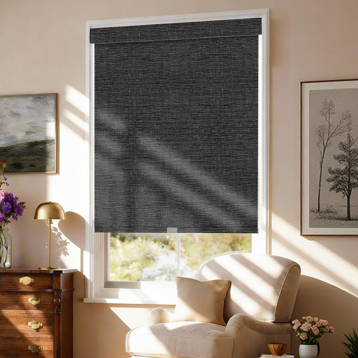 AOSKY No Drill No Tools Roller Shade Chocolate side room scene 