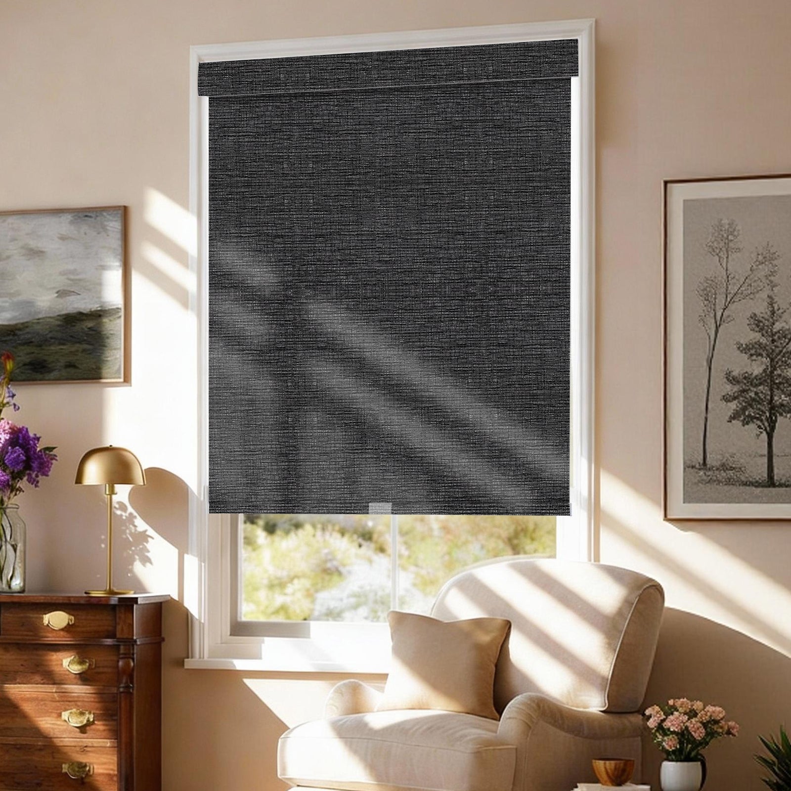 AOSKY No Drill No Tools Roller Shade Chocolate side room scene 