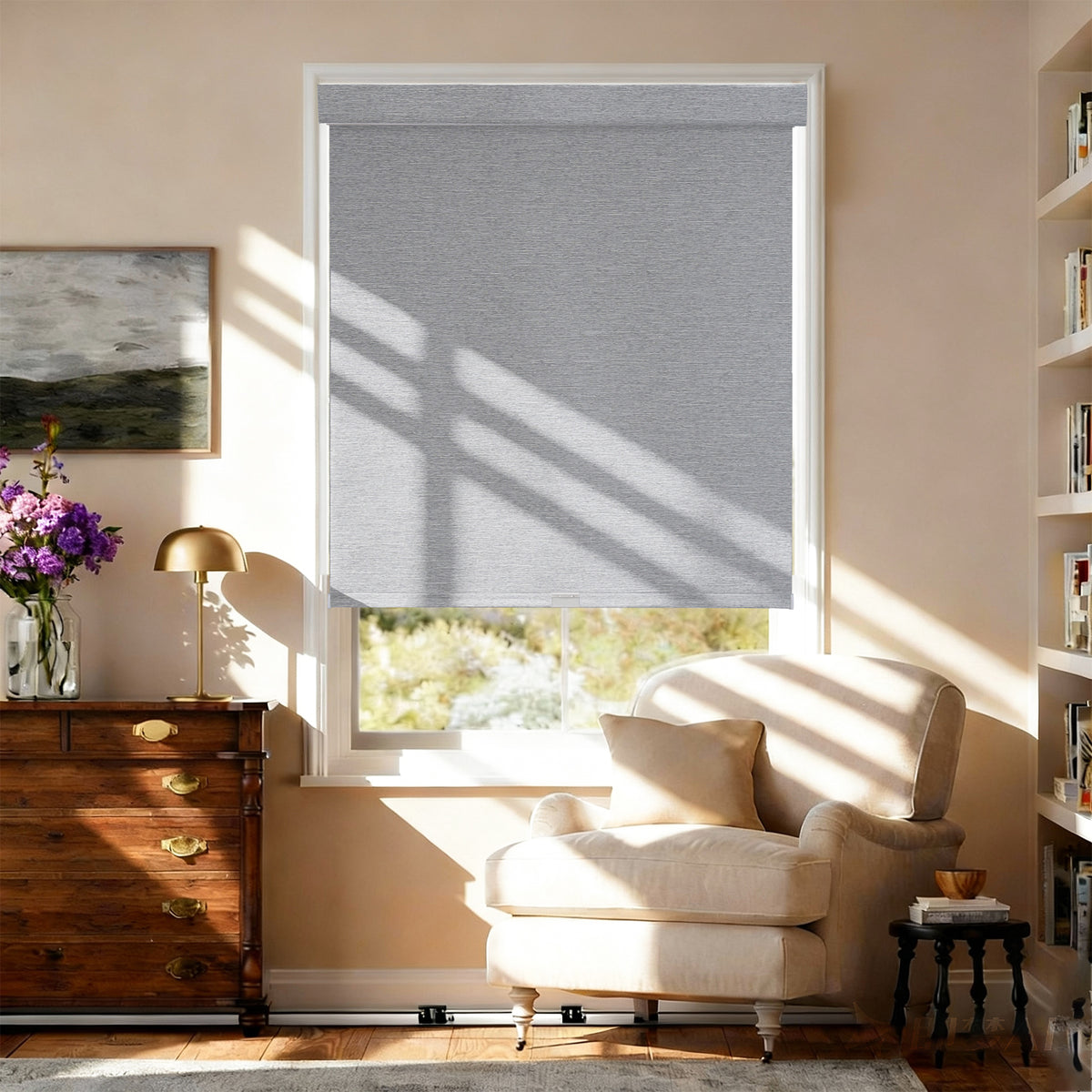 AOSKY No Drill No Tools Roller Shade Dark Grey front room scene 