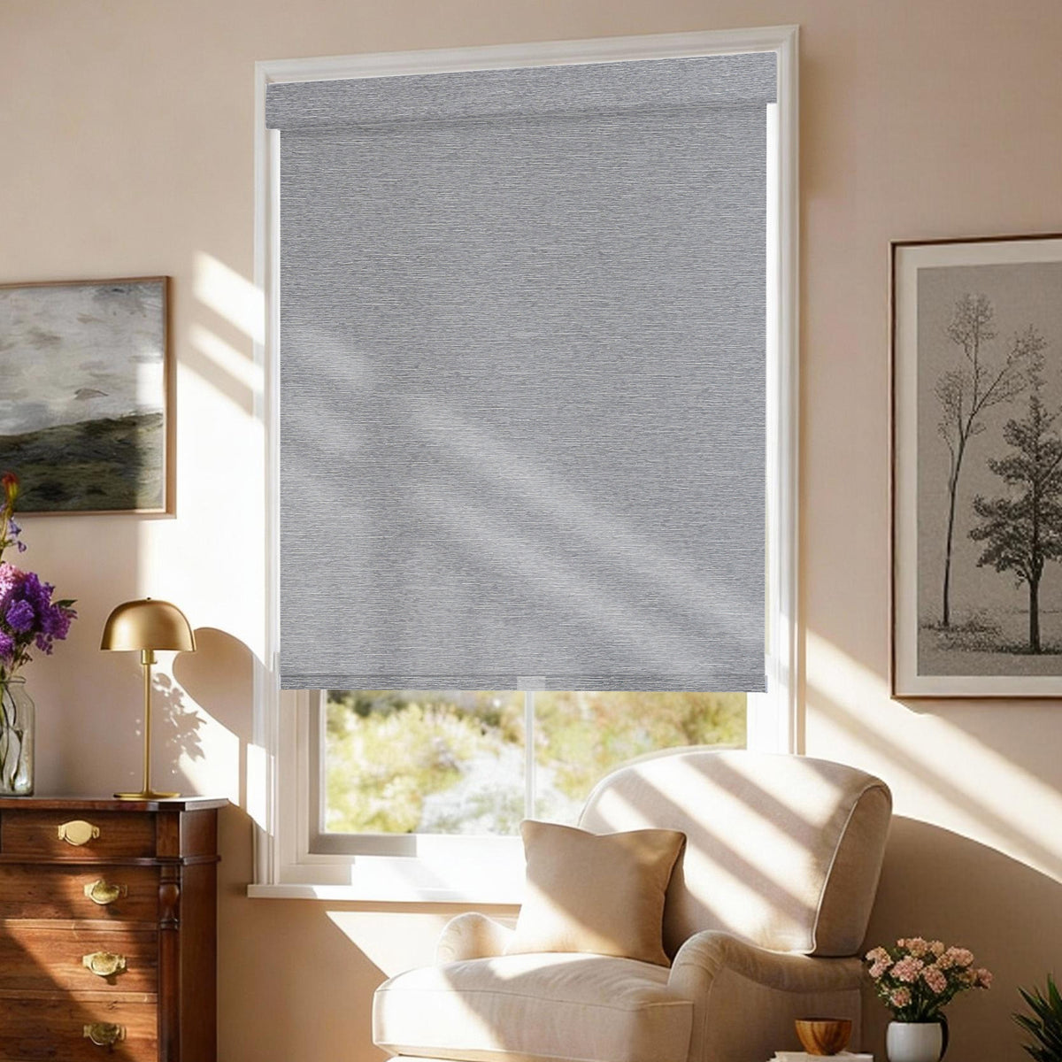 AOSKY No Drill No Tools Roller Shade Dark Grey side room scene 