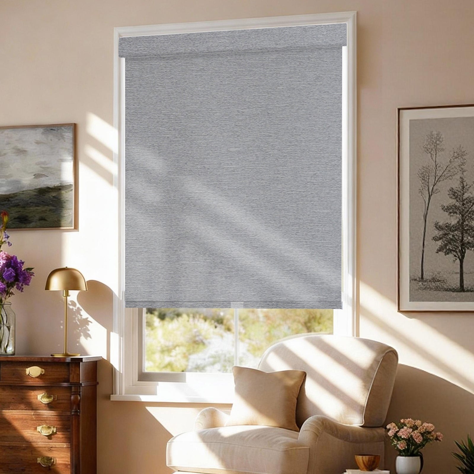 AOSKY No Drill No Tools Roller Shade Dark Grey side room scene 