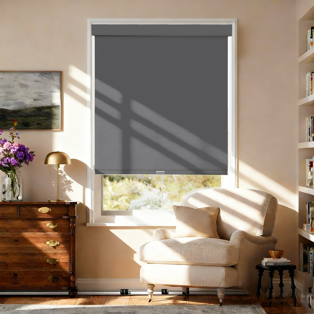 AOSKY No Drill No Tools Roller Shade Gray front room scene 