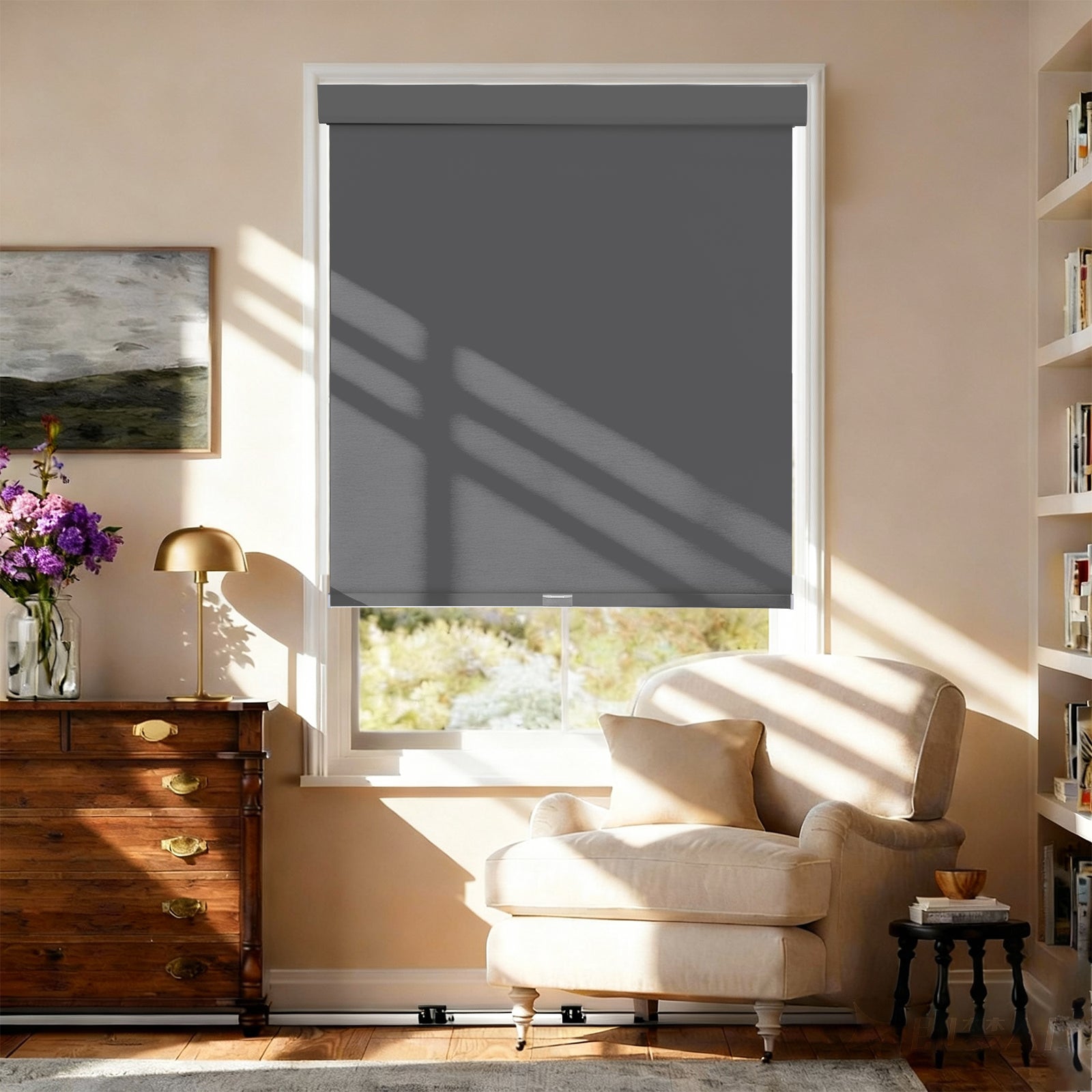 AOSKY No Drill No Tools Roller Shade Gray front room scene 
