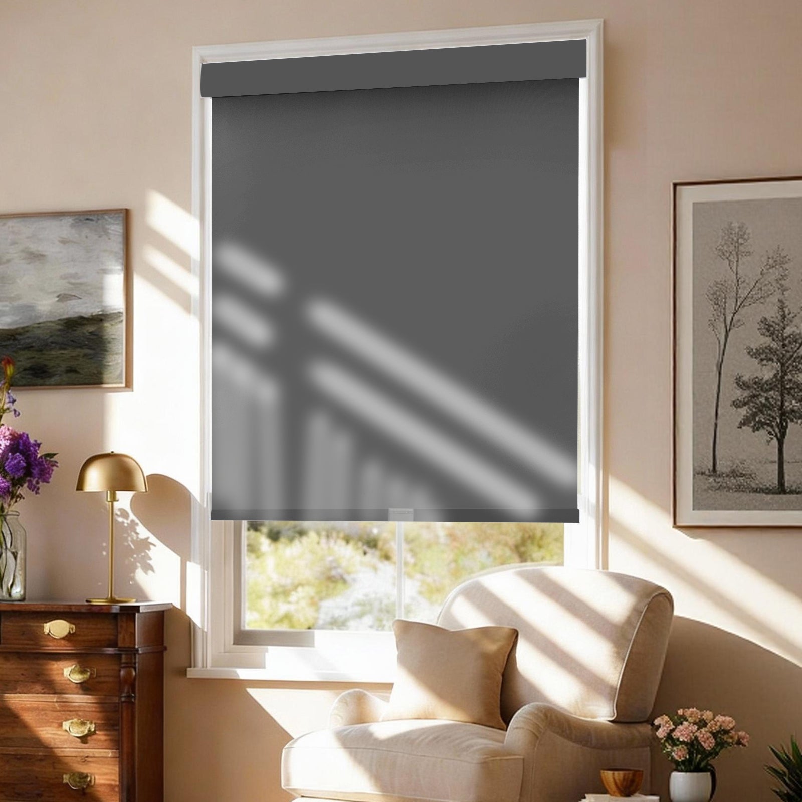 AOSKY No Drill No Tools Roller Shade Gray side room scene 