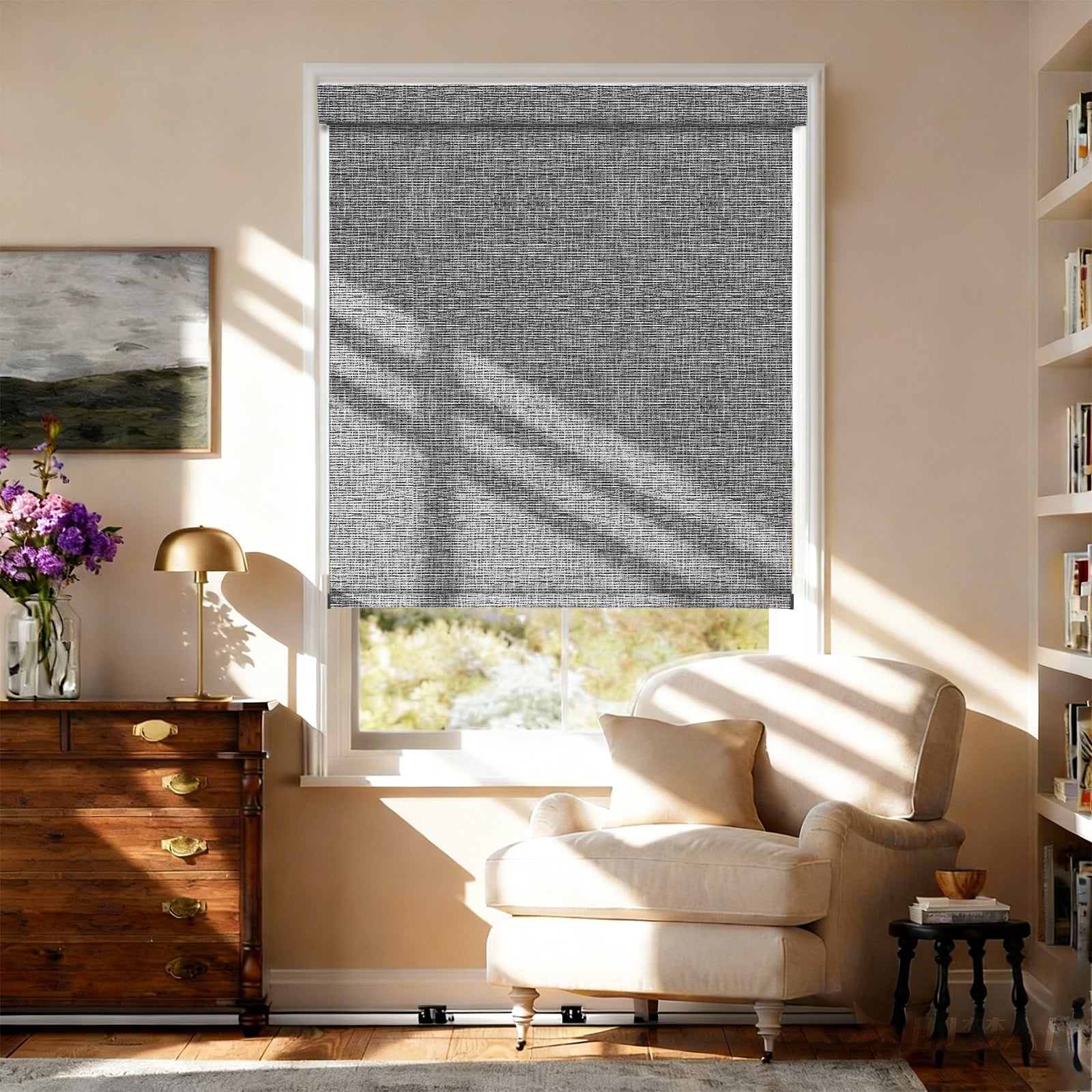 AOSKY No Drill No Tools Roller Shade Grey front room scene 