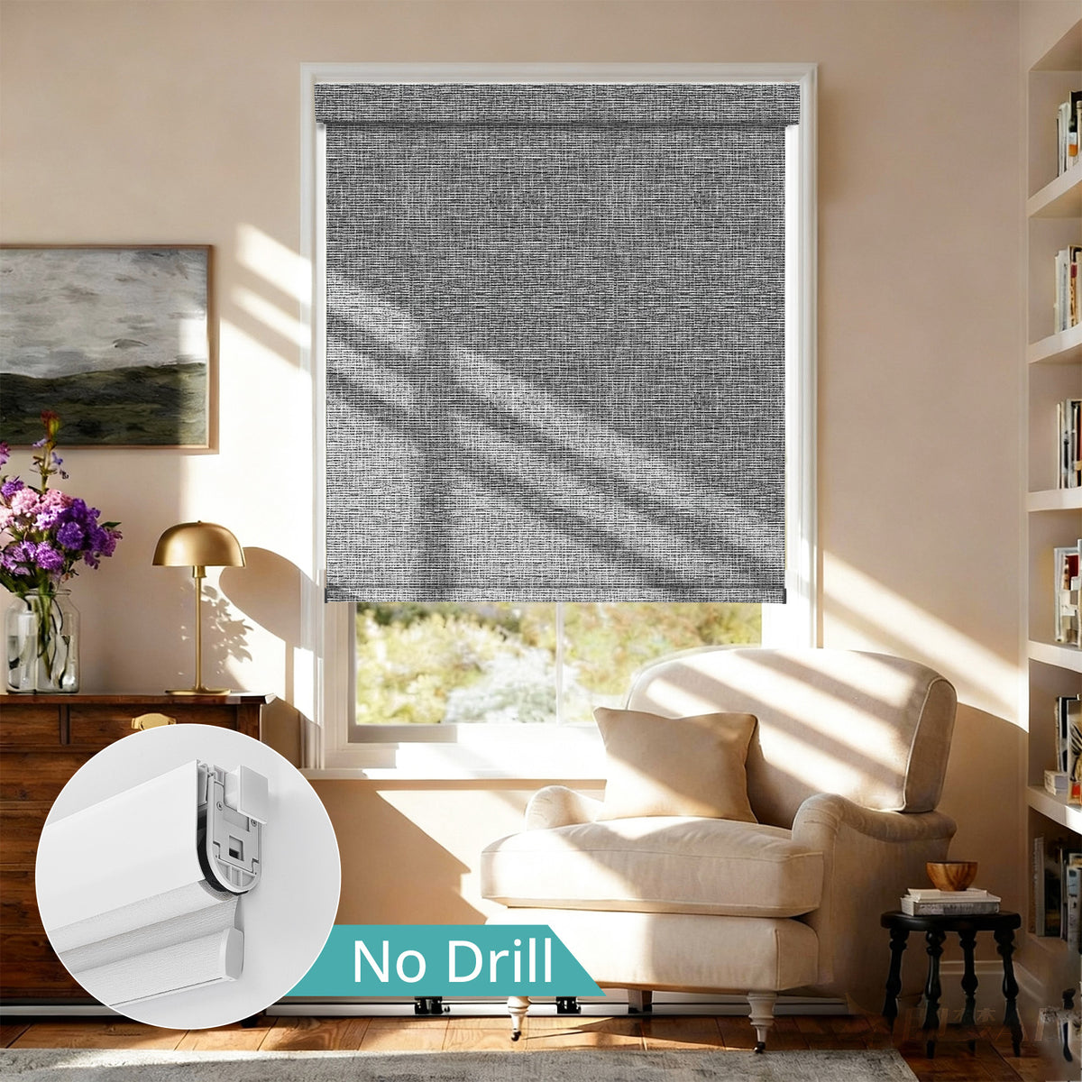 AOSKY No Drill No Tools Roller Shade Grey front room scene 