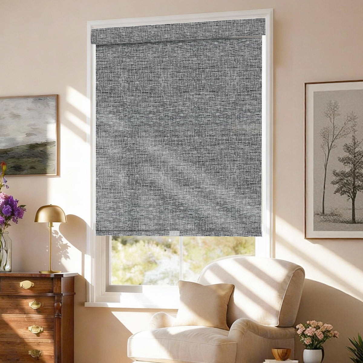 AOSKY No Drill No Tools Roller Shade Grey side room scene 