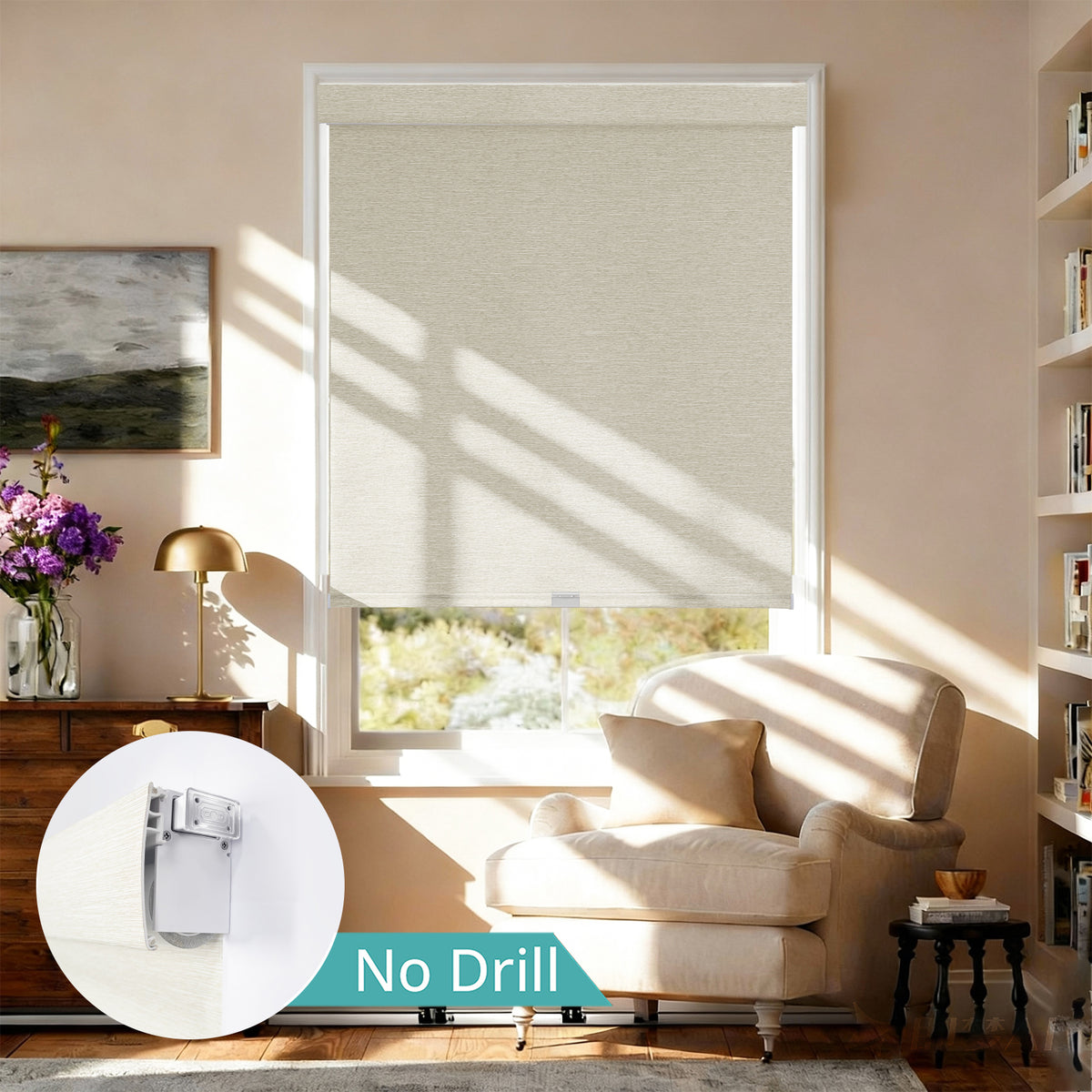 AOSKY No Drill No Tools Roller Shade Khaki front room scene 