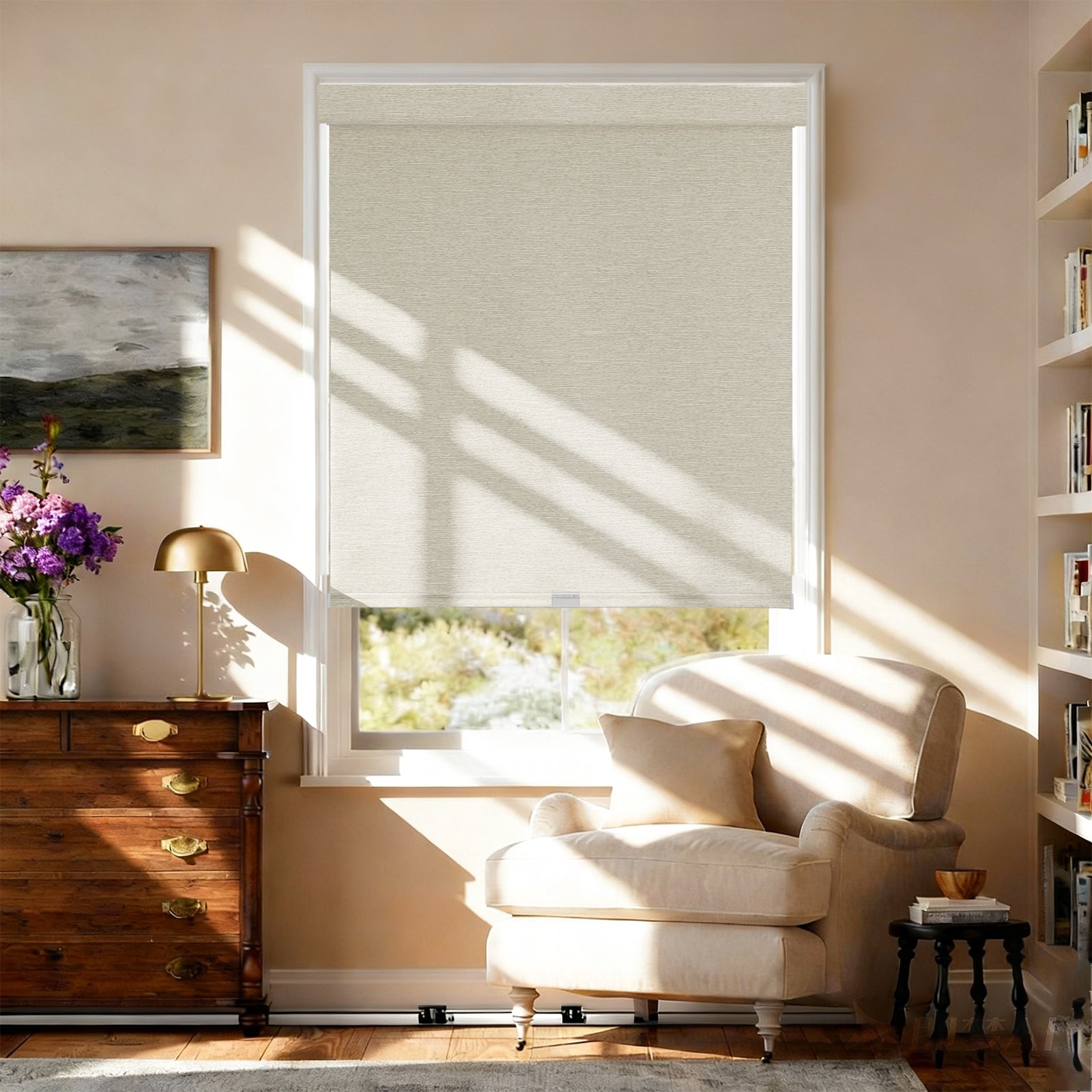 AOSKY No Drill No Tools Roller Shade Khaki front room scene 